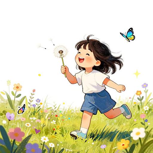 Joyful Girl Blowing Dandelion Seeds