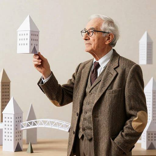 Elderly Architect with Origami Buildings