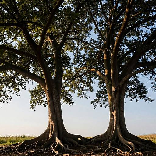 Photograph of two large, dark brown, leafy trees with thick, intertwining roots against a bright blue sky at sunset.