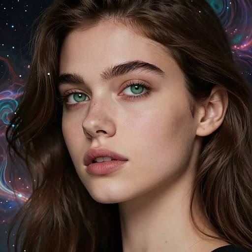 Digital portrait of a fair-skinned woman with green eyes, full lips, and brown hair, set against a colorful, cosmic background.