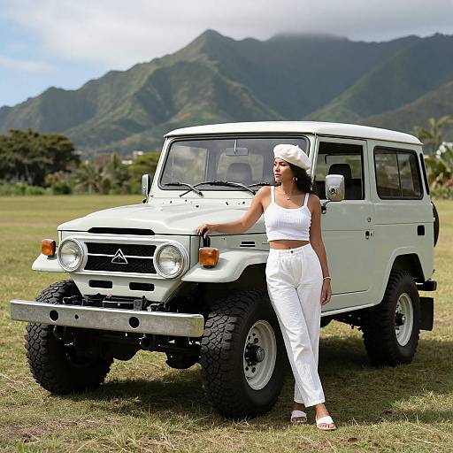 Photograph of a woman in white crop top and pants, standing beside a white off-road SUV, with mountainous background.