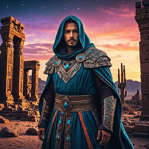 Desert Mage in Ancient Ruins at Twilight