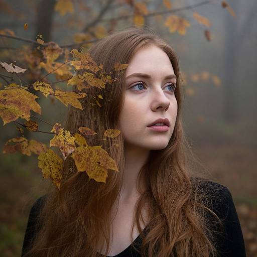 Photograph of a young woman with fair skin, long brown hair, and blue eyes, gazing upwards in a foggy autumn forest, surrounded by