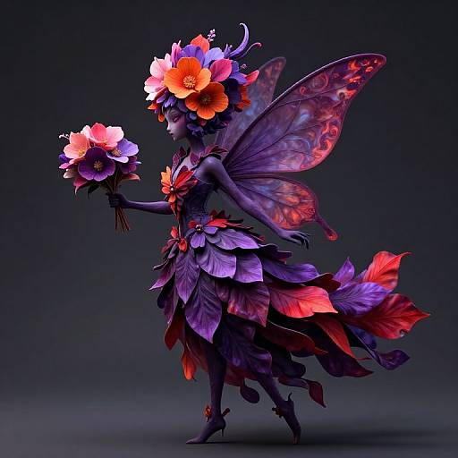 Digital artwork of a dark-skinned fairy with iridescent wings, wearing a flower crown and layered petal dress, holding a bouquet of vibrant flowers