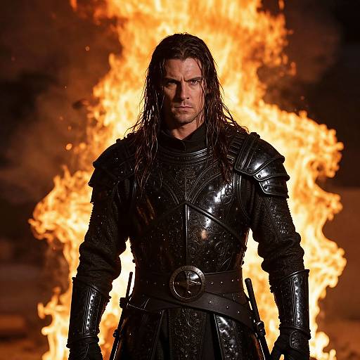 Photograph of a muscular, long-haired man in black, shiny medieval armor standing in front of a large, bright orange fire. Intense, determined