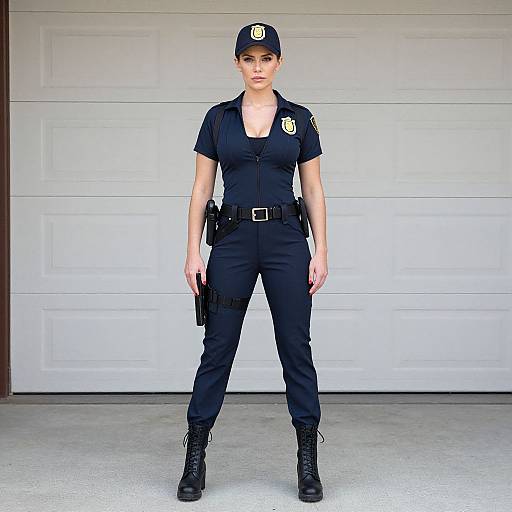 Photograph of a serious-looking female police officer standing in front of a white garage door, wearing a black uniform, cap, and boots, with a