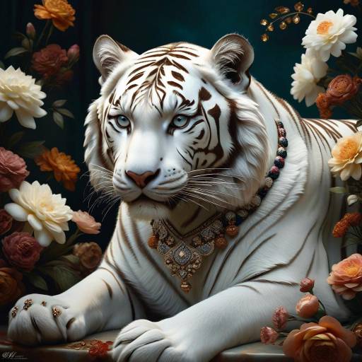 Regal White Tiger Amidst Blooming Flowers