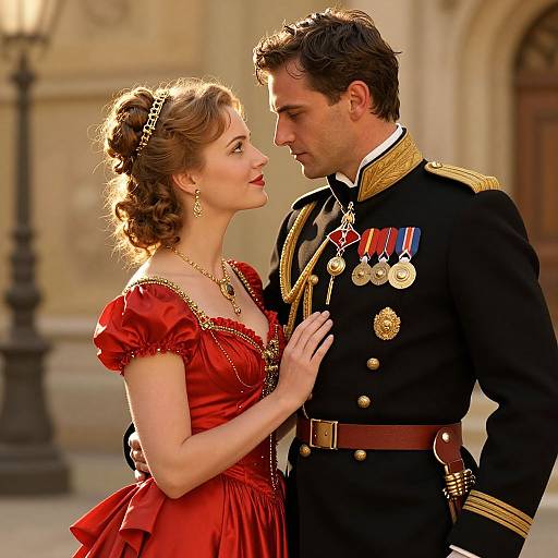 Photograph of a romantic scene: a blonde woman in a red, Victorian-style dress gently touches a dark-haired man in a black military uniform adorned with