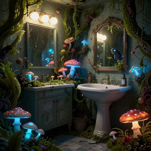 Bioluminescent Overgrown Bathroom Scene