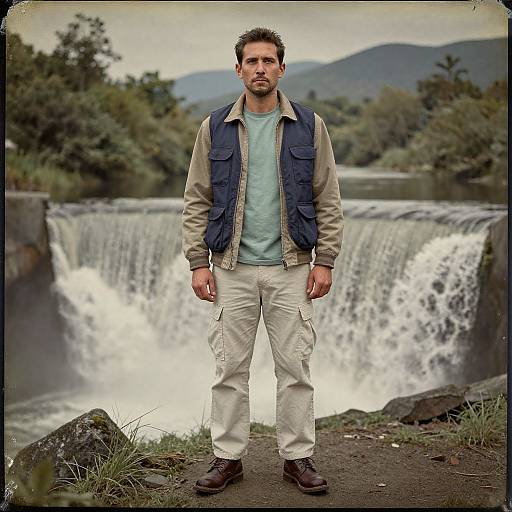 Photograph of a man with short brown hair and beard, wearing a blue vest, light blue shirt, and beige pants, standing in front of a