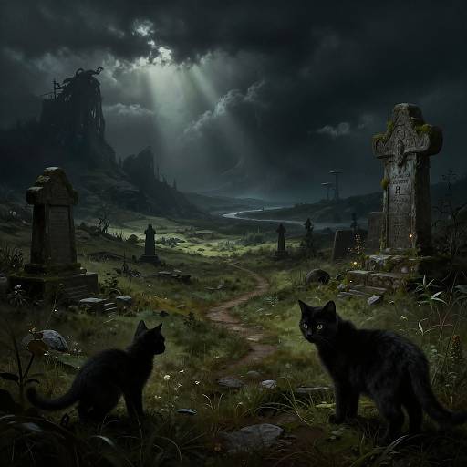 Digital painting of a dark, moonlit graveyard with two black cats, ancient stone crosses, and a ruined castle in the background.