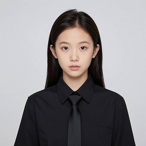 Photograph of an East Asian woman with long black hair, wearing a black button-up shirt and tie, against a plain white background.