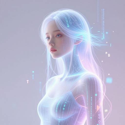 Digital CGI of a glowing, ethereal, white-haired woman with blue neon lights enveloping her, set against a bright, white background.