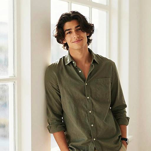 Young man leaning against wall in olive shirt