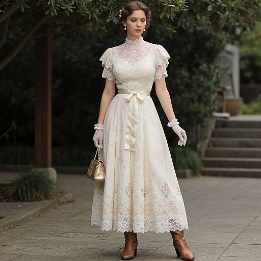 Photograph of a brunette woman in a vintage-style, lace, white dress with short sleeves, bow belt, and gloves, carrying a handbag,