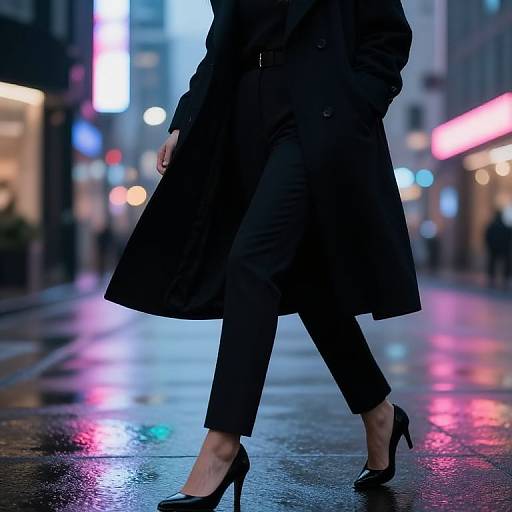 Photograph of a person in a black long coat and high heels walking on a wet, neon-lit urban street at night.