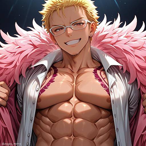 Illustration of Donquixote doflamingo, one piece in the style of Marota