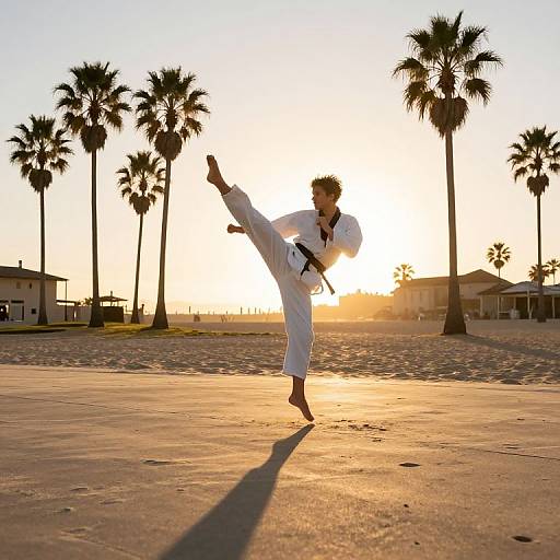 Photograph of a person in a white karate gi performing a high kick on a sunny beach at sunset, with palm trees in the background.