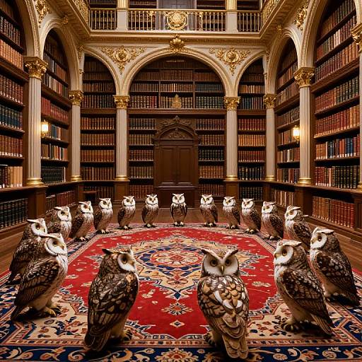 Photograph of an ornate library with tall, arching bookshelves, golden accents, and a red patterned rug. Twelve owl statues stand