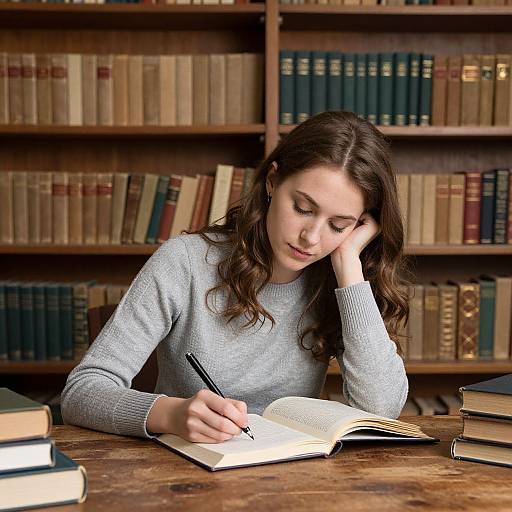 Photograph of a young woman with long brown hair, wearing a gray sweater, writing in an open book at a wooden library table, surrounded by book