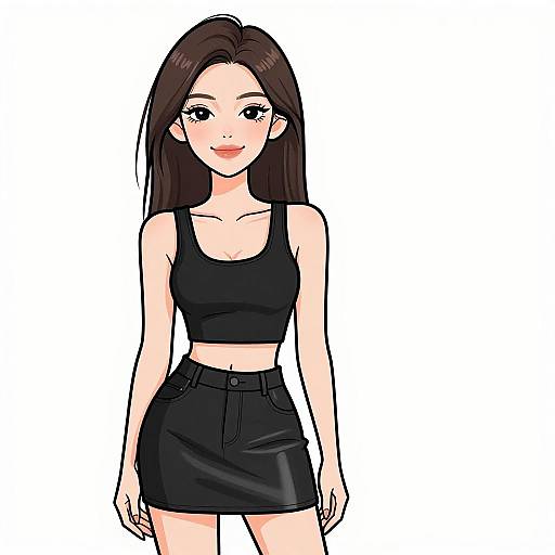 Digital anime-style drawing of a young woman with long brown hair, fair skin, wearing a black crop top and high-waisted black skirt, standing