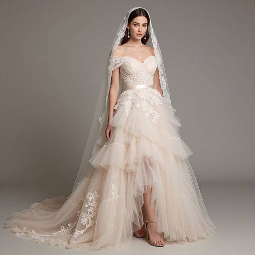 Photograph of a fair-skinned woman in an off-the-shoulder, lace and tulle white wedding gown with a long veil, standing against