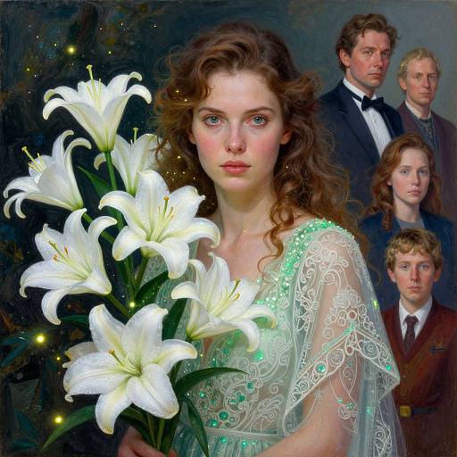 Digital painting of a fair-skinned, curly-haired woman in a green lace gown, holding white lilies, surrounded by four men in formal wear.