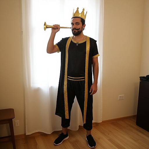 Photograph of a bearded man in black and gold medieval-style outfit with gold crown and trumpet, standing in front of white curtain, wooden floor,