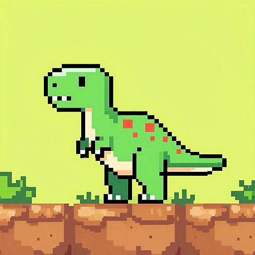Pixel art of a green, cartoon-style dinosaur with red spots, standing on a brown, pixelated dirt ground against a bright yellow background.