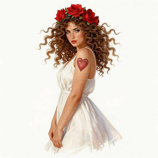 Digital drawing of a curly-haired woman in a white dress with a red rose crown, heart tattoo on upper arm, white background.