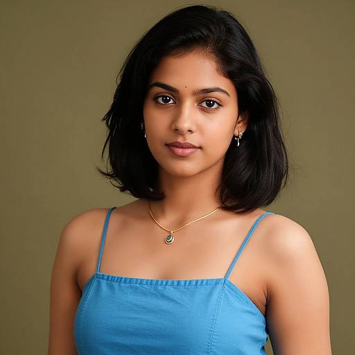 Photograph of a young Indian woman with medium brown skin, black shoulder-length hair, wearing a blue spaghetti-strap top, gold necklace, and earrings