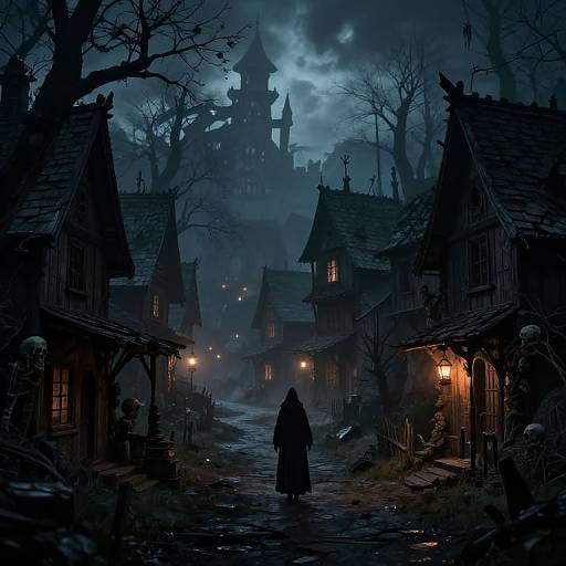 Dark, eerie digital painting of a foggy, moonlit village with crooked, wooden houses, a lone figure in a cloak, and a haunted