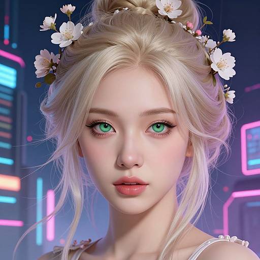Digital art of a beautiful, fair-skinned, blonde woman with green eyes, wearing a flower crown, in a neon-lit futuristic city.