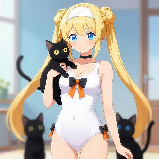 Anime-style digital illustration of a blonde girl with blue eyes, wearing a white one-piece swimsuit, holding a black cat, with two more black cats