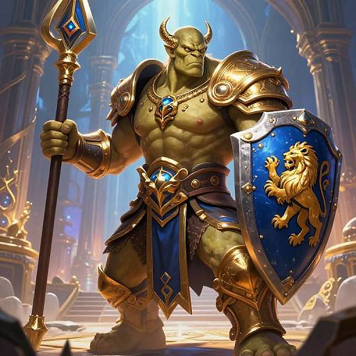 Digital art of a muscular, green-skinned orc warrior in gold and blue armor, holding a staff and shield with a lion emblem, standing in a