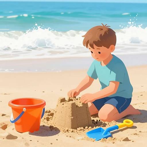 Boy Building Sandcastle on Sunny Beach