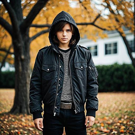 Teen Boy in Black Jacket and Hood Outdoors