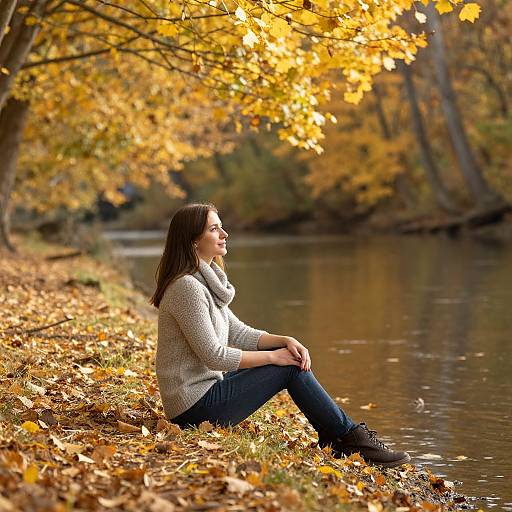Photograph of a woman with long brown hair, wearing a gray sweater and blue jeans, sitting on a fallen leaf-covered riverbank, gazing at