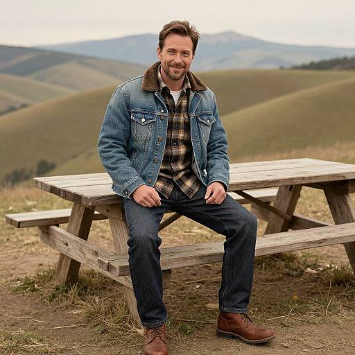 Photograph of a bearded man with short brown hair, wearing a denim jacket, plaid shirt, jeans, and brown boots, sitting on a