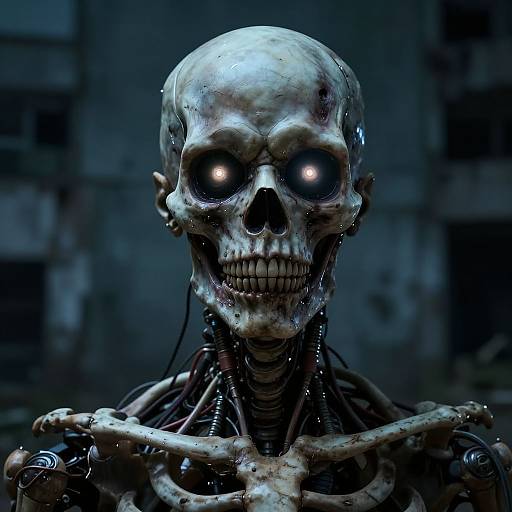 Photorealistic digital art of a glowing-eyed, cybernetic skeleton with exposed wires and bones, set against a dark, industrial background.