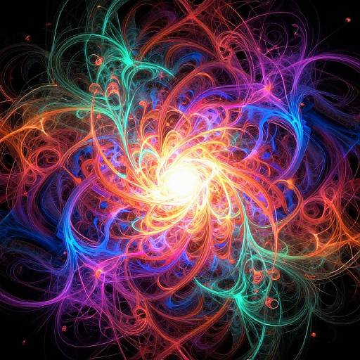 Vibrant abstract digital artwork featuring a bright white center surrounded by swirling, colorful neon-like tendrils in red, blue, orange, and green,