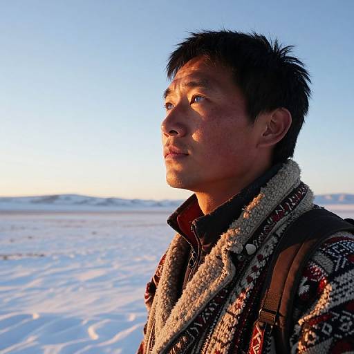 Photograph of an Asian man with short black hair, wearing a patterned woolen coat and scarf, standing in a snow-covered landscape at sunset,