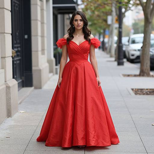 Photograph of a brunette woman with long wavy hair, wearing a vibrant red, off-shoulder, full-skirted gown, walking down