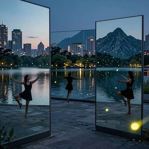 Photograph of a dancer in a black dress, performing by glass walls, reflected in front of a cityscape and mountain at dusk.