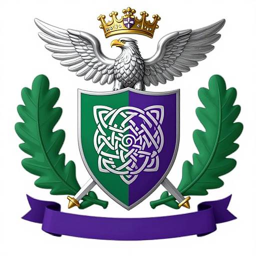 Coat of arms with silver eagle, gold crown, green and purple shield, Celtic knot, green laurel leaves, and purple banner.