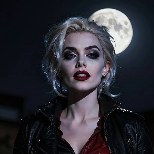 Photograph of a pale-skinned woman with platinum blonde hair, dark red lipstick, and black leather jacket, illuminated by a full moon in a dark