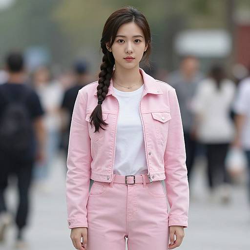 Photograph of an East Asian woman with long black braid, wearing a pink jacket and pants, white shirt, standing in a blurred urban street crowd