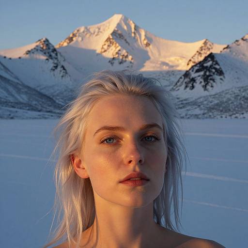 Photograph of a fair-skinned, blonde woman with blue eyes, looking directly at the camera, set against a backdrop of snow-covered mountains and a