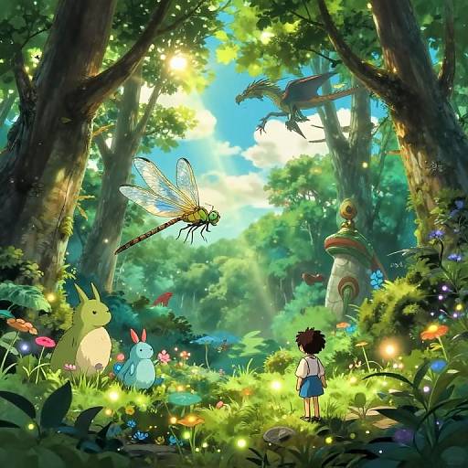 Whimsical forest scene: child watches dragonfly, blue cat, and bunny, surrounded by glowing fireflies, colorful flowers, and tall trees.