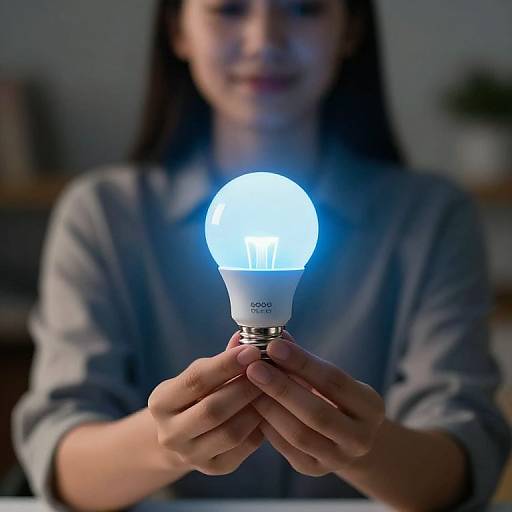 Photograph of a woman with blurred face, holding a glowing blue light bulb in front of her, wearing a gray shirt, in a dimly lit